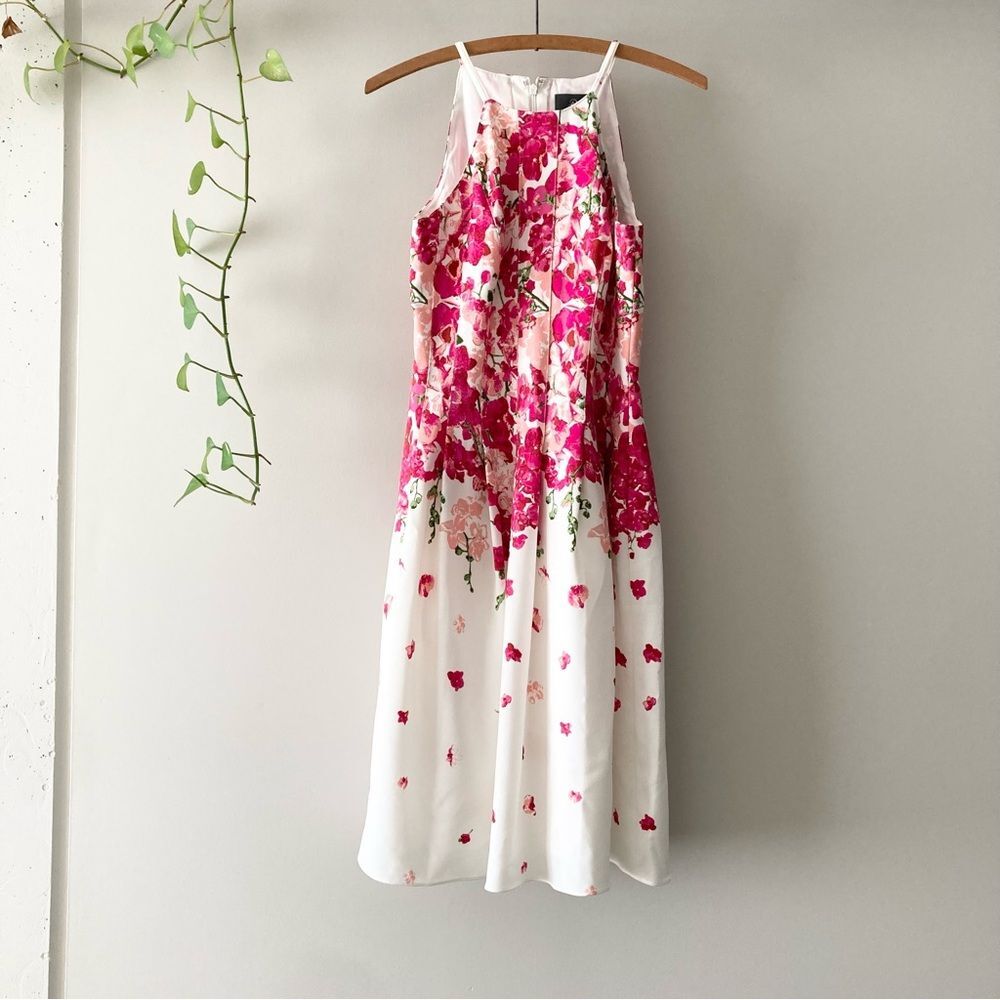 Adrianna Papell‎ White Pink Floral A Line Stretch Dress 4 Small